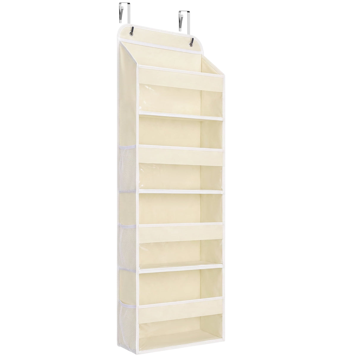 4 Tier Over The Door Organizer, LazySpin Bathroom Door Organizer Hanging with Clear PVC Window for Laundry Nursery Closet Essential, Off-white
