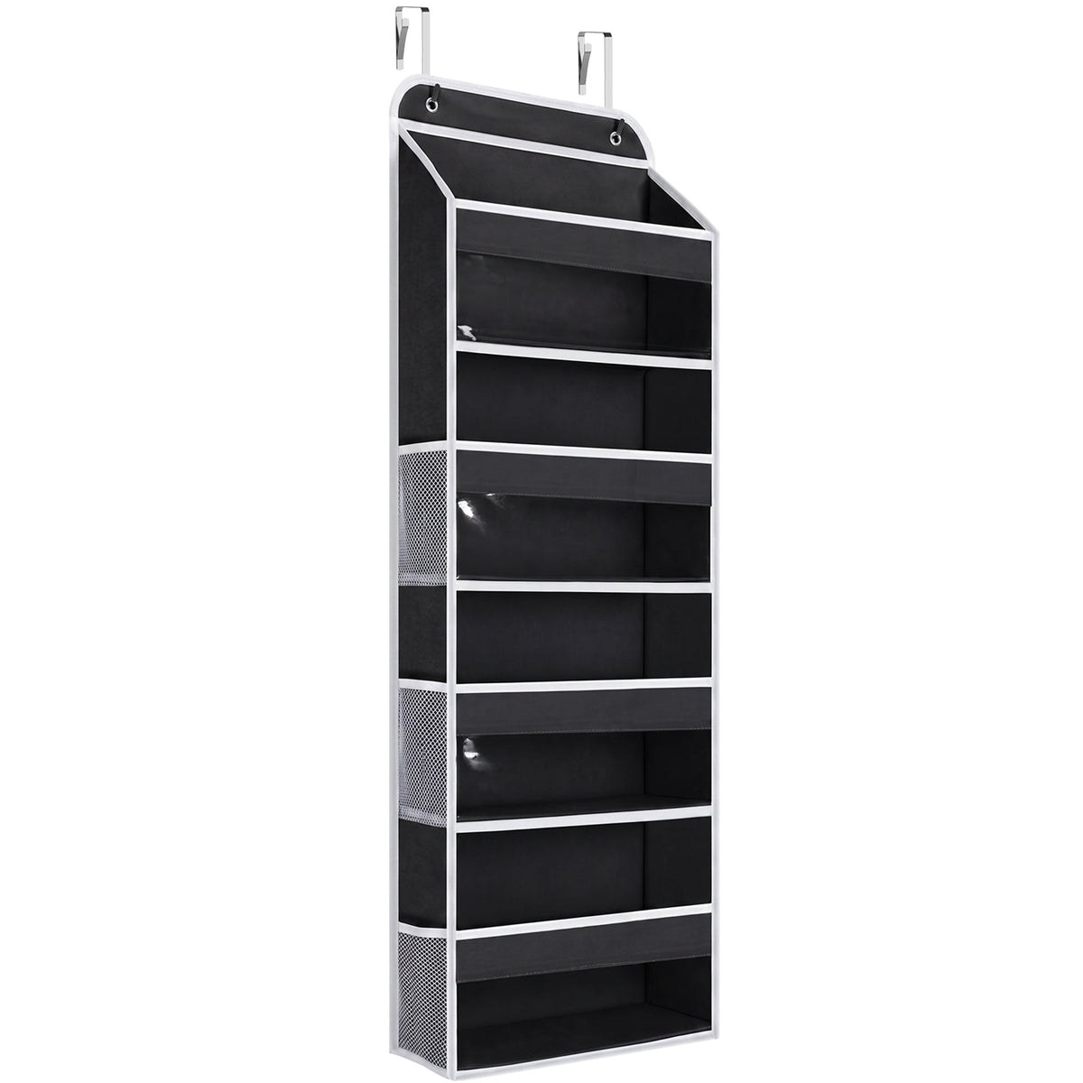 4 Tier Over The Door Organizer, LazySpin Bathroom Door Organizer Hanging with Clear PVC Window for Laundry Nursery Closet Essential, Black