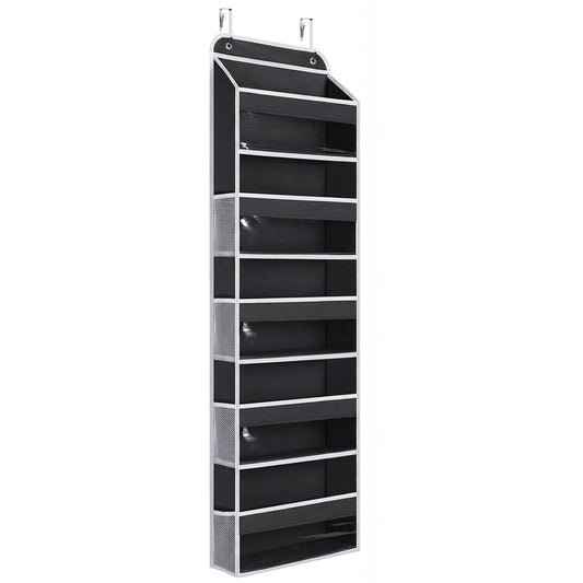1 Pack 5 Tier Over The Door Organizer, Hanging Storage Organizer with Clear PVC Window, 40lb Large Capacity Room Organizer for Pantry Laundry Bathroom Nursery Closet Essential, Black