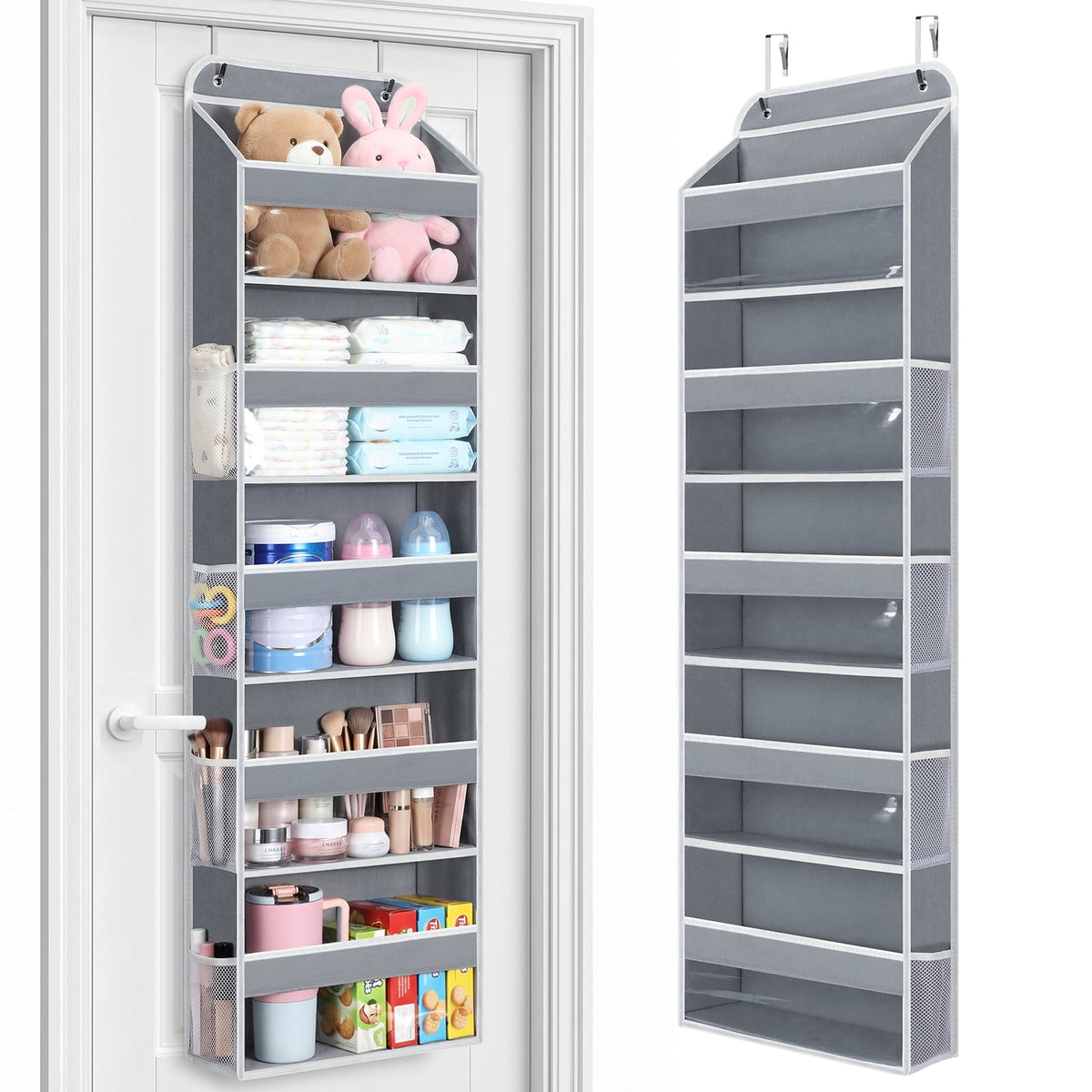 1 Pack 5 Tier Over The Door Organizer, Hanging Storage Organizer with Clear PVC Window, 40lb Large Capacity Room Organizer for Pantry Laundry Bathroom Nursery Closet Essential, Gray