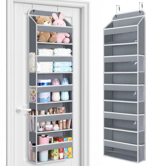 1 Pack 5 Tier Over The Door Organizer, Hanging Storage Organizer with Clear PVC Window, 40lb Large Capacity Room Organizer for Pantry Laundry Bathroom Nursery Closet Essential, Gray