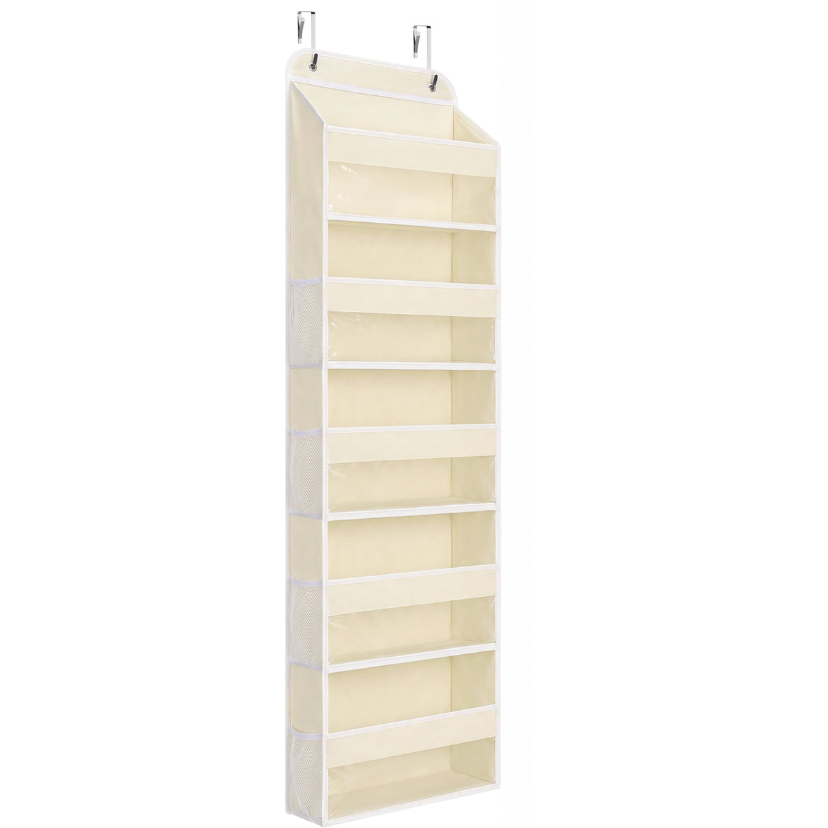 1 Pack 5 Tier Over The Door Organizer, Hanging Storage Organizer with Clear PVC Window, 40lb Large Capacity Room Organizer for Pantry Laundry Bathroom Nursery Closet Essential, Off-white