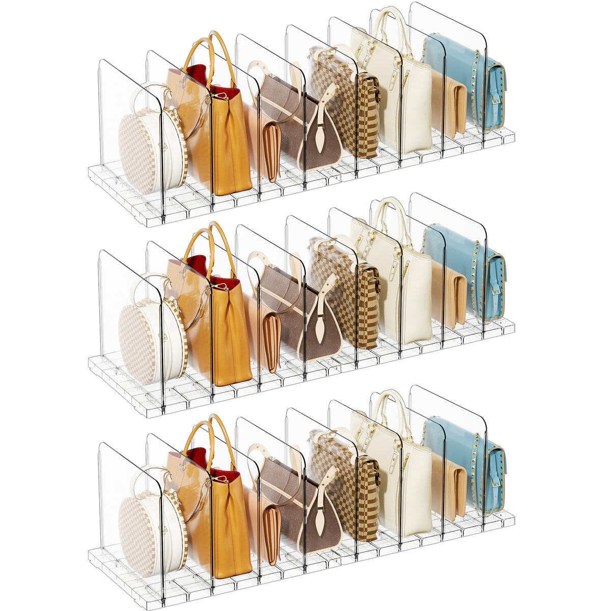 LazySpin Purse Handbag Organizers with Clear Acrylic Shelf Dividers for closet Adjustable