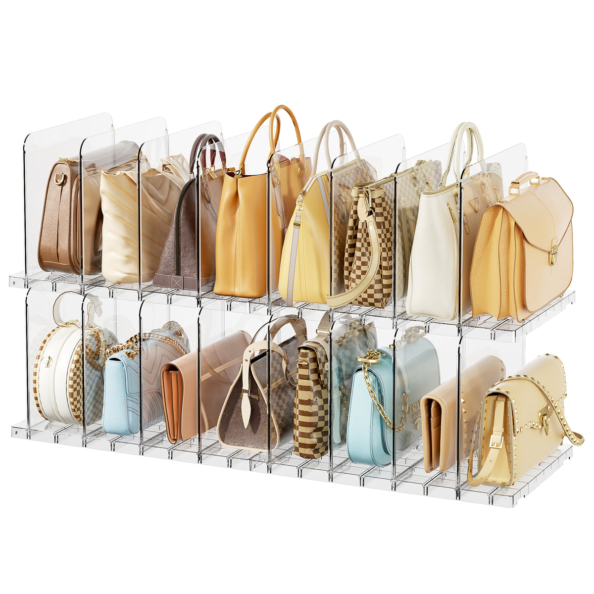 LazySpin Purse Handbag Organizers with Clear Acrylic Shelf Dividers for closet Adjustable