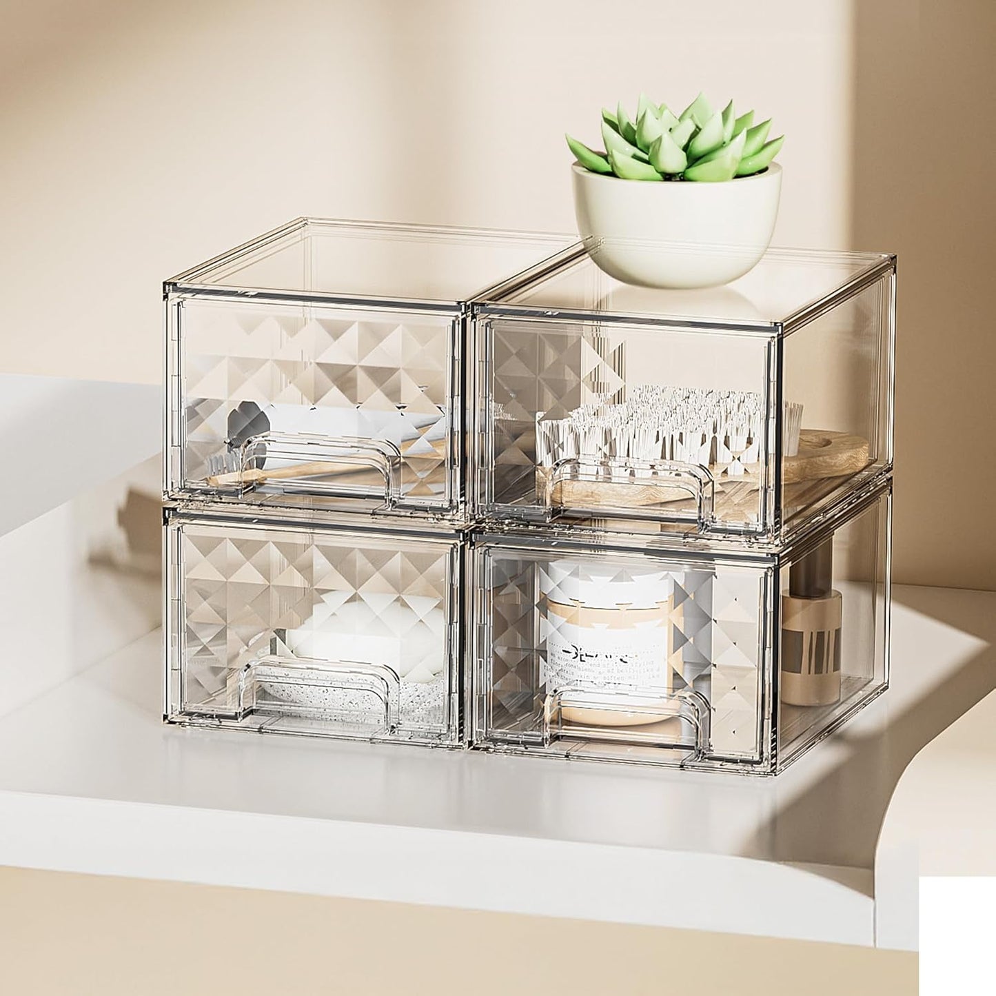 Delamu 6-Pack Stackable Storage Drawers, Makeup Skincare Holder Vanity Storage Organizer, Plastic Storage Bins for Bathroom, Clear