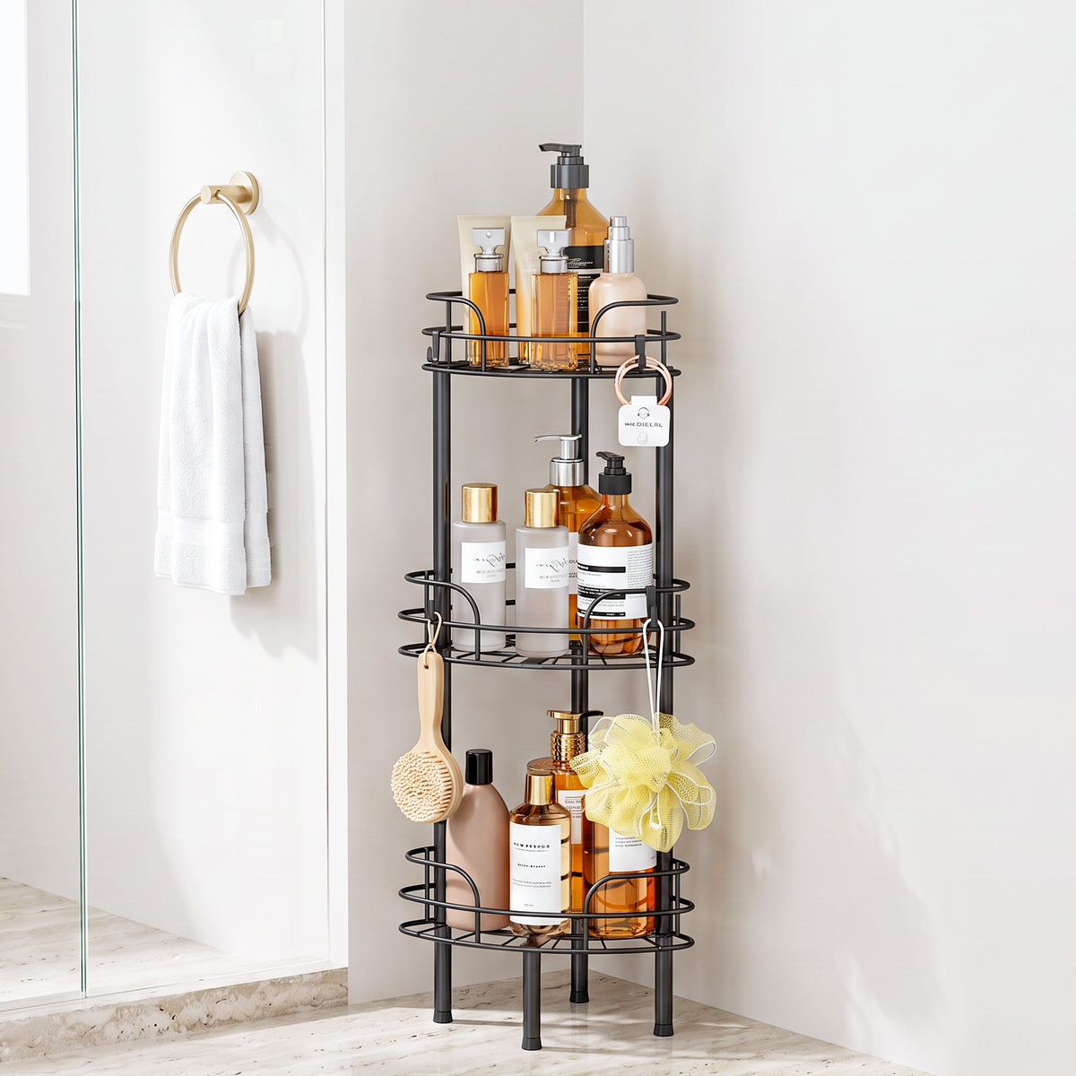 LazySpin Corner Shower Caddy Standing, Floor Shower Organizer Rack for Bathroom, Black