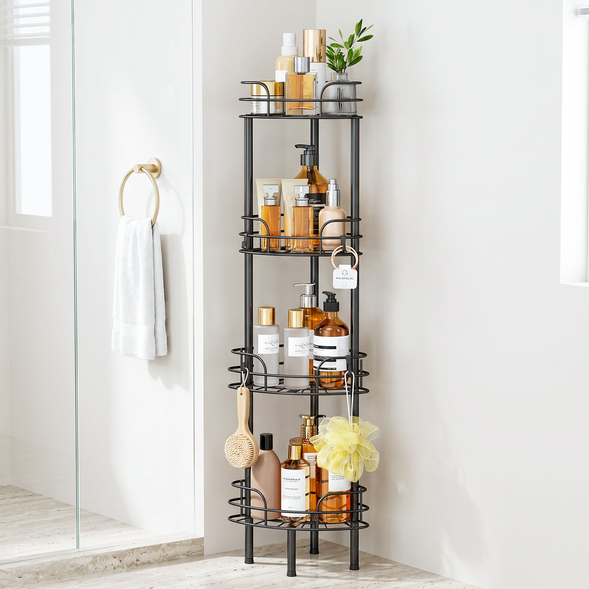 LazySpin Corner Shower Caddy Standing, Floor Shower Organizer Rack for Bathroom, Black