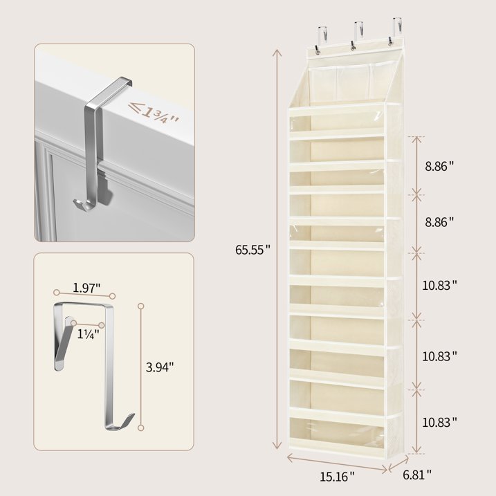 Over The Door Organizer Storage, 6 Shelf Hanging Door Organizer with 12 Side Mesh Pockets, Anti Tilt 44 lb Load Behind Door Storage for Bedroom, Bathroom, Pantry, Nursery (Beige)