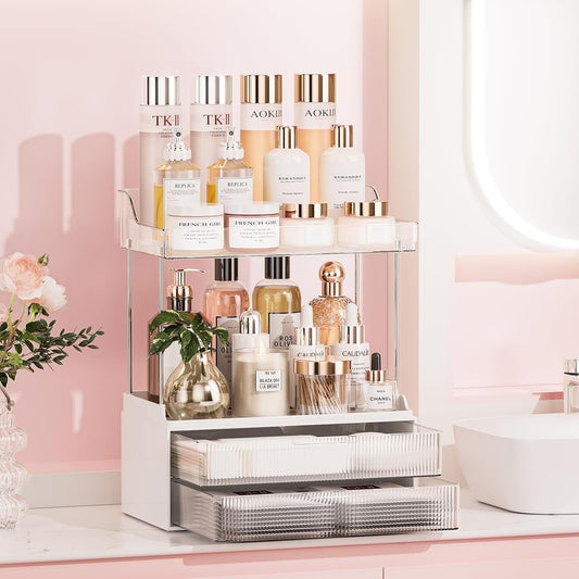 Bathroom Counter Organizer With Drawer, Delamu Makeup Organizer, Vanity Organizer, Clear,Skin Care Stroage