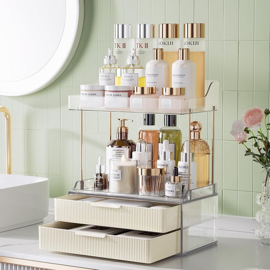 2 Tier Bathroom Counter Storage, Delamu Makeup Organizer, Bathroom Organizers and Storage, Vanity Organizer, Milk White
