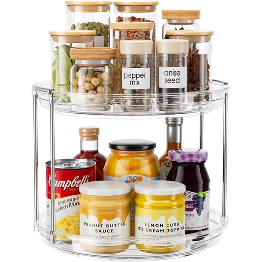 2 Tier Lazy Susan Turntable Organizer 9.25'' for Cabinet, Pantry, Bathroom, Plastic, Stackable Turntable Organizer Rotating Spice Rack