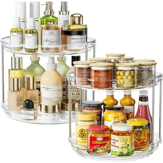 Delamu 2 Pack 2-Tier Lazy Susan Turntable, 9.25” Rotating Acrylic Organizer for Kitchen, Pantry, Bathroom & Vanity, Spices, Makeup, Skincare