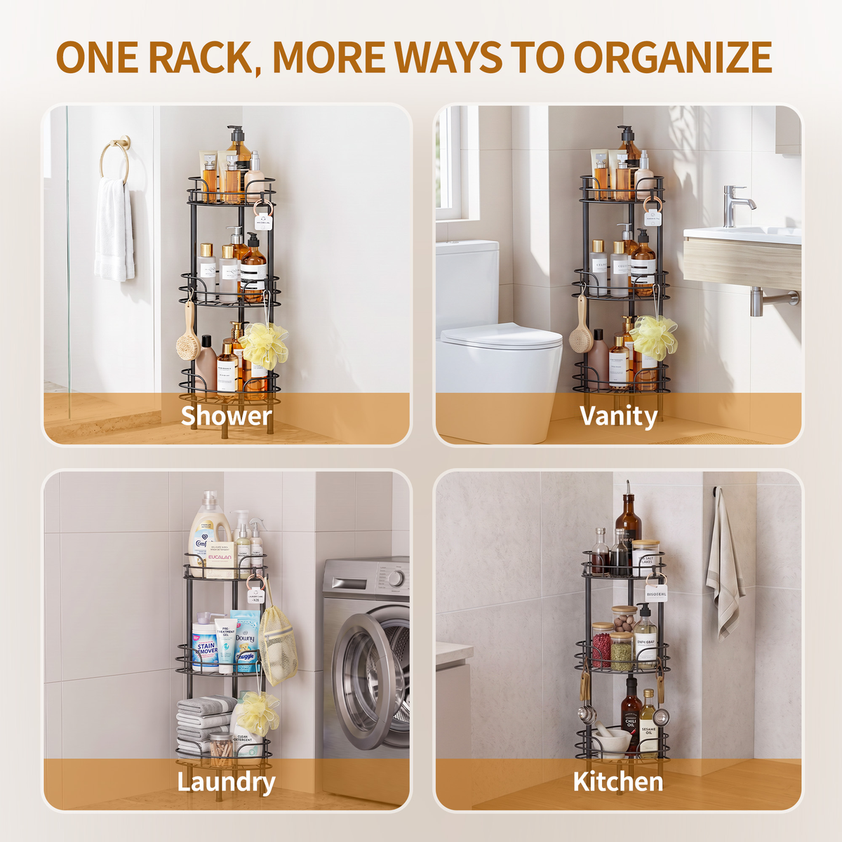 LazySpin Corner Shower Caddy Standing, Floor Shower Organizer Rack for Bathroom, Black