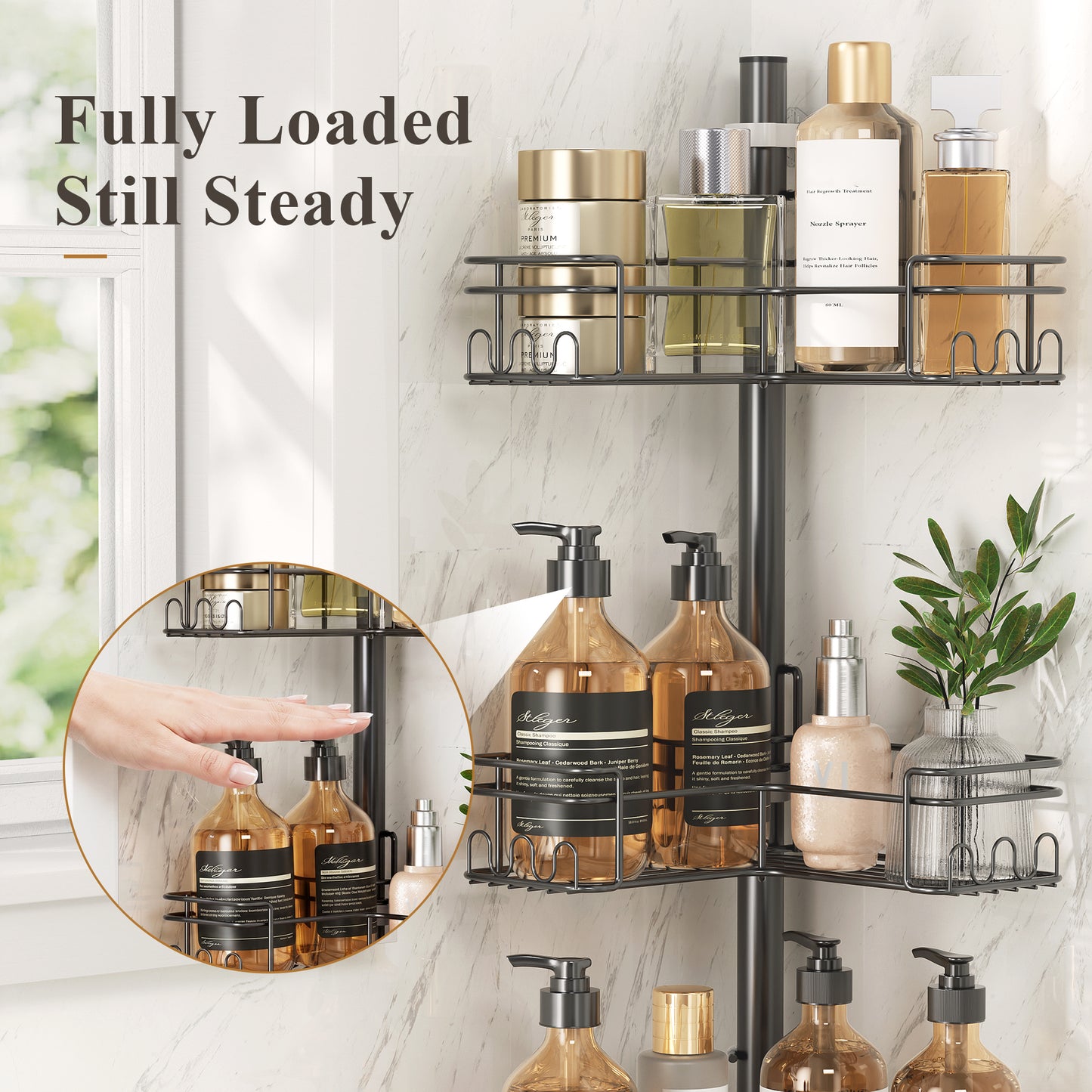 LazySpin 4-Tier Corner Shower Shelf, Freestanding Shower Caddy with Adjustable Baskets, Black