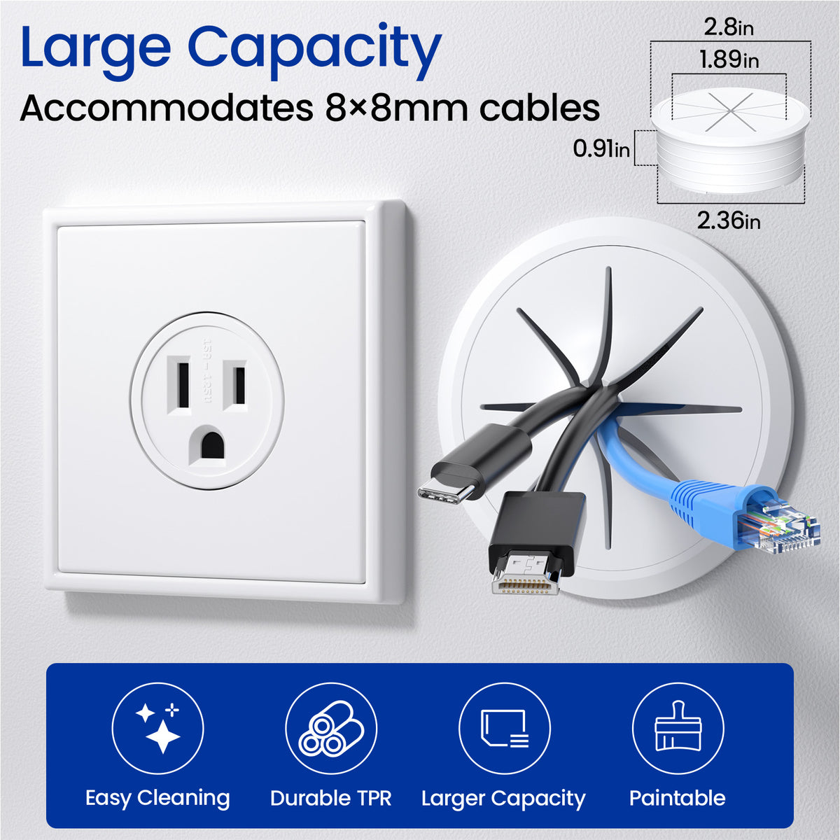 LazySpin TV Cord Hider for Wall Mounted TV, 2-3/8" Diameter White Cable Management Kit, Drywall Hole Saw Attachment