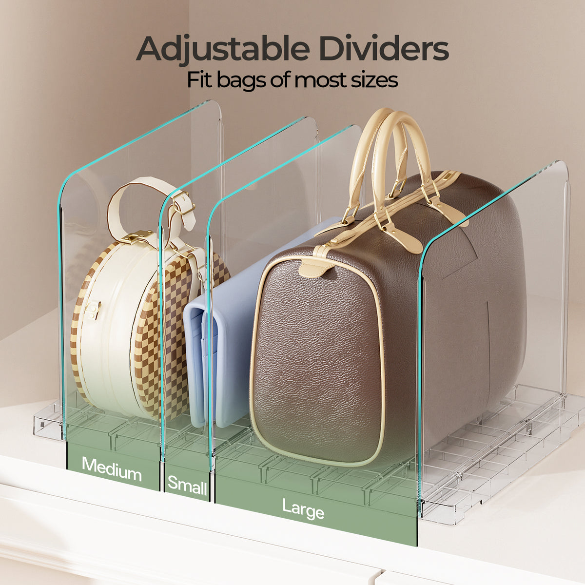 LazySpin Purse Handbag Organizers with Clear Acrylic Shelf Dividers for closet Adjustable