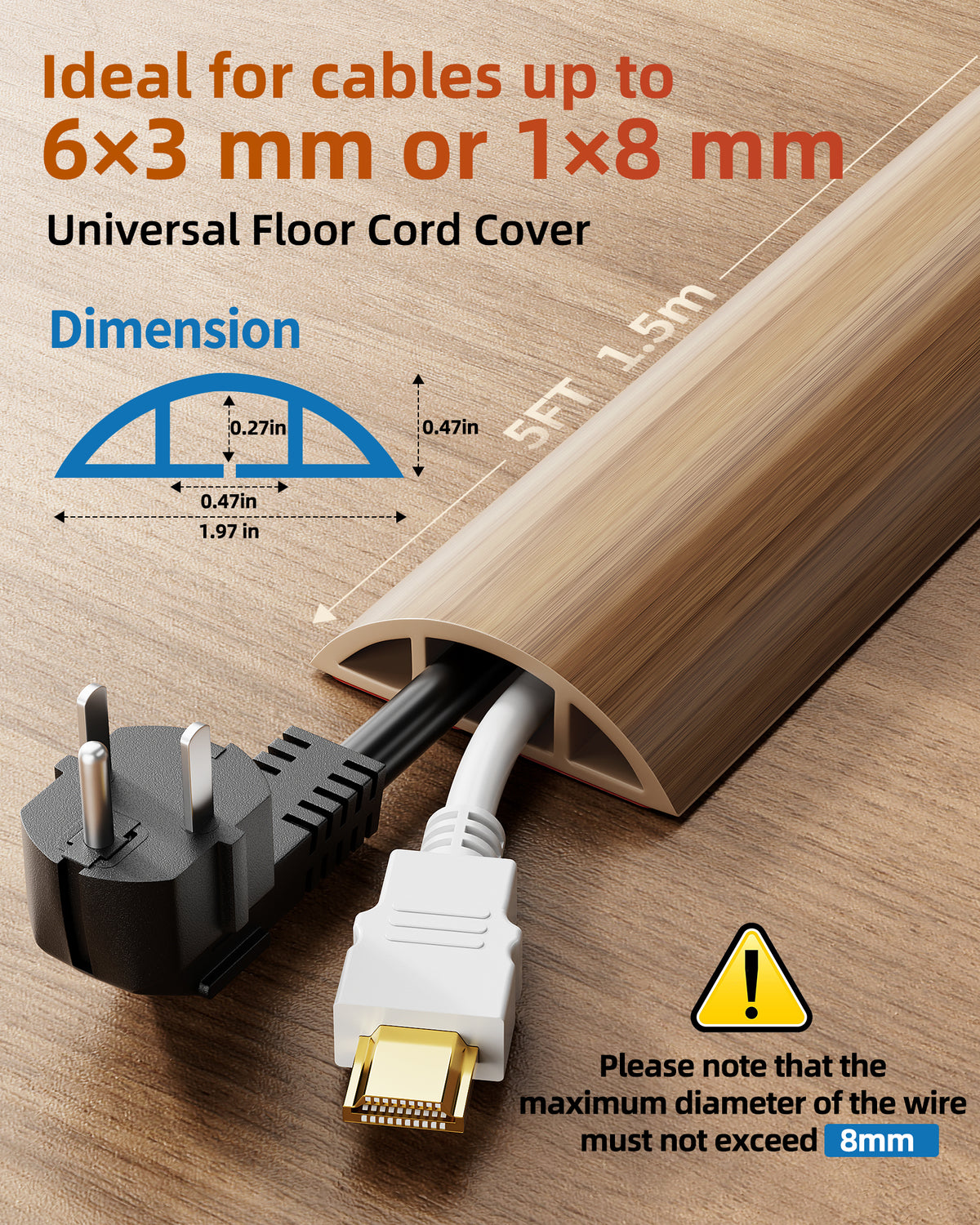 LazySpin 5ft Cover Cover for Floor, Large 1.97"W Floor Cable Protector Wood Grain Self-Adhesive