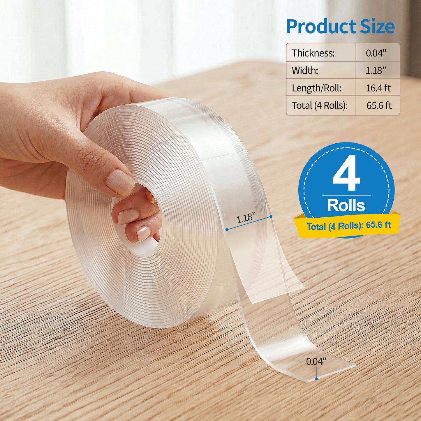 Delamu Double Sided Tape Heavy Duty, Clear Nano Mounting Tape, 1.18 in W x 0.04 in Th, 4 Rolls, 65.6ft Total