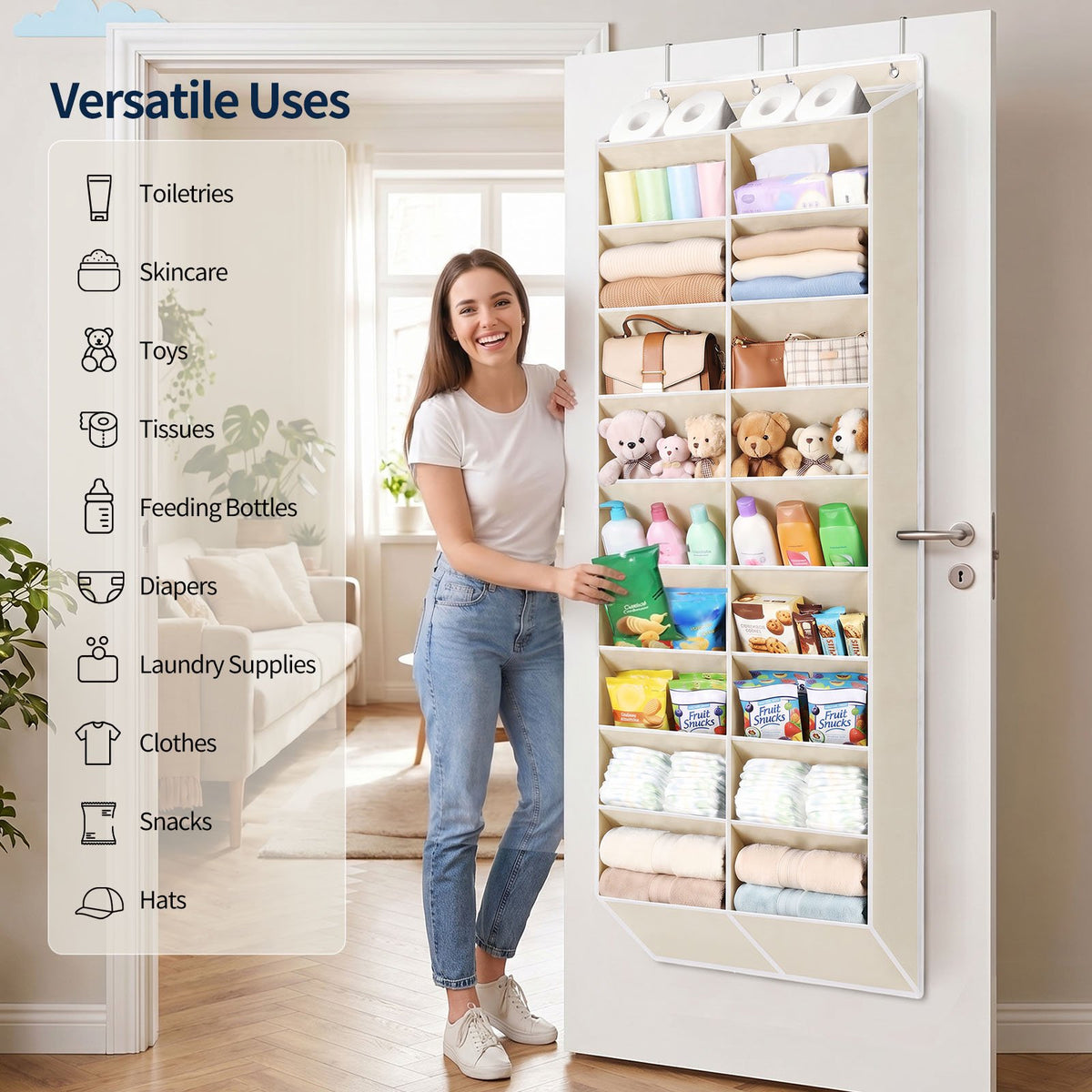 LazySpin 20-30 Pairs Over the Door Shoe Organizer, Clear Pockets Hanging Shoe Storage for Closet, 10-Tier Door Shoes Rack, Handing Shoes Holder for Sneakers, Boots, Heels, Beige