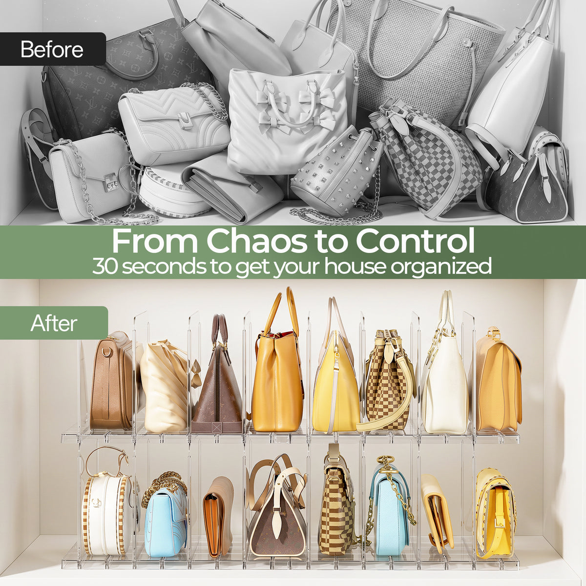 LazySpin Purse Handbag Organizers with Clear Acrylic Shelf Dividers for closet Adjustable