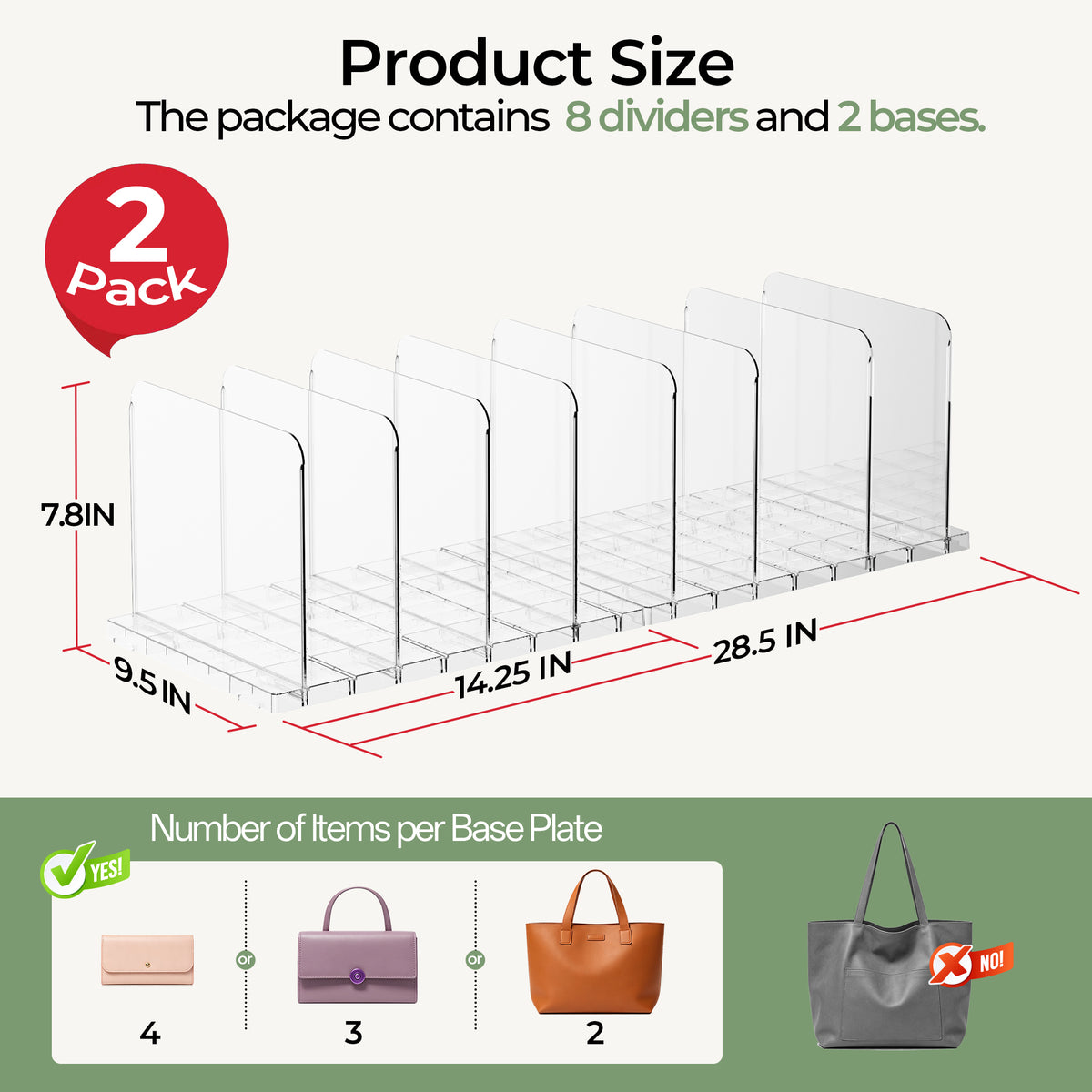 LazySpin Purse Handbag Organizers with Clear Acrylic Shelf Dividers for closet Adjustable