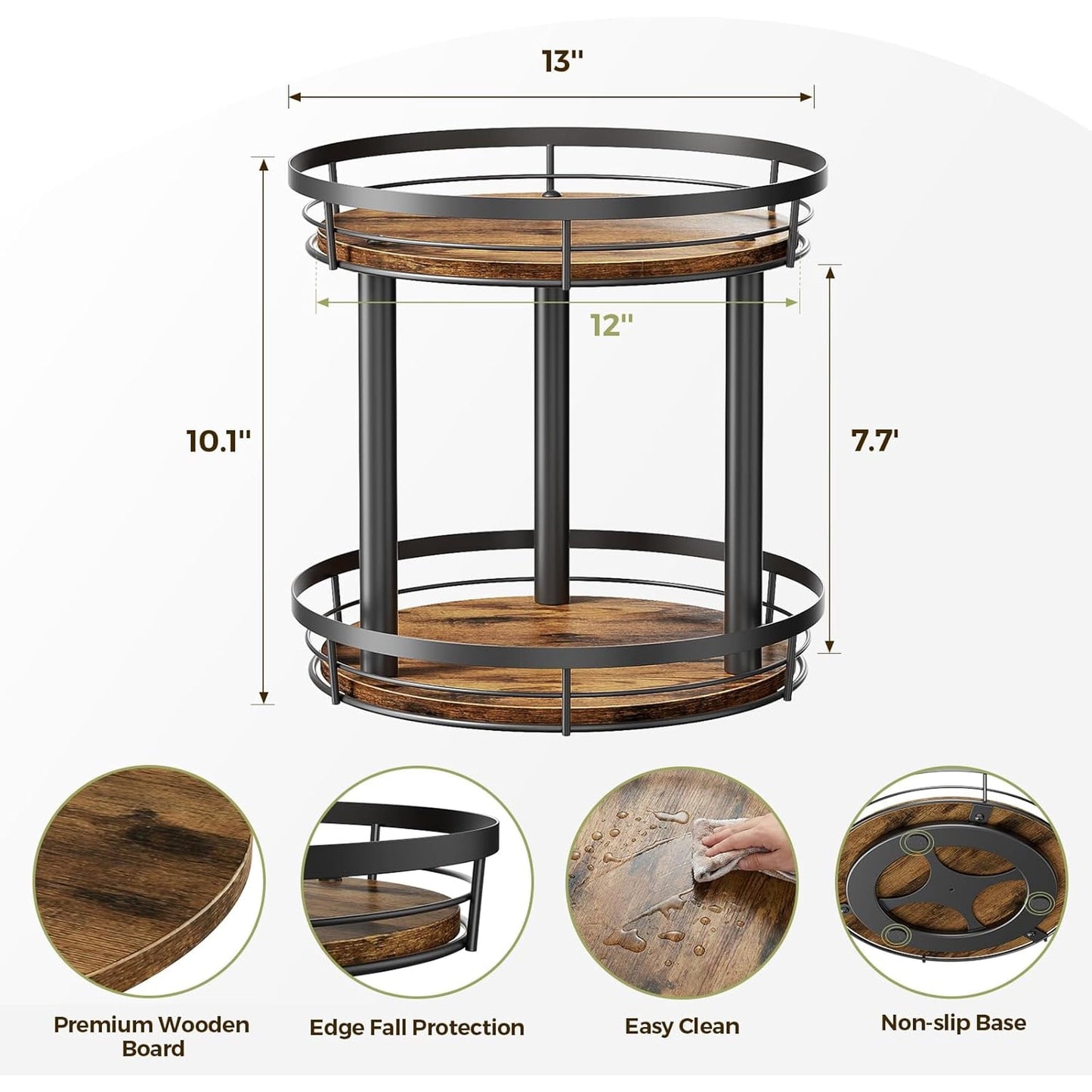 LAMU 12" Lazy Susans Turntable Organizer 2 Tier for Cabinet Pantry Kitchen Countertop Refrigerator Cupboard, Carbonized Wood Black