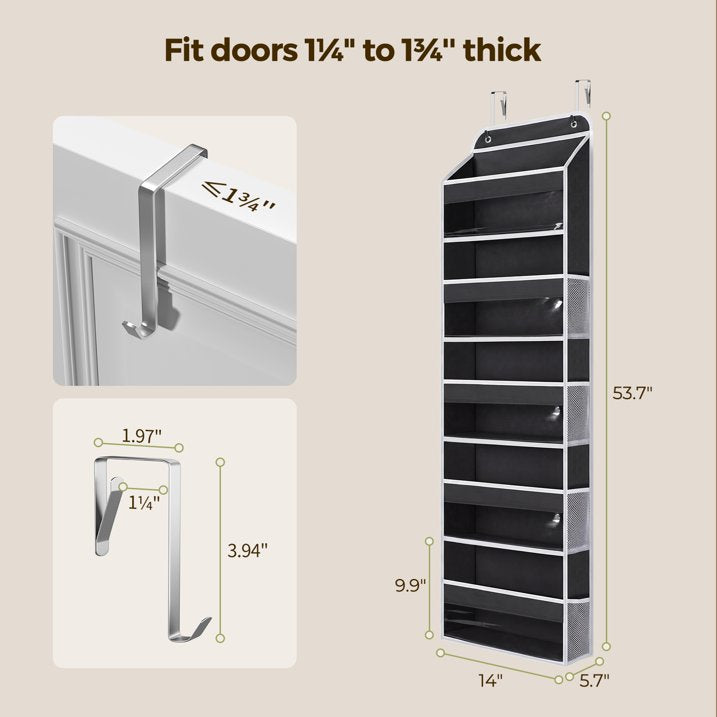 1 Pack 5 Tier Over The Door Organizer, Hanging Storage Organizer with Clear PVC Window, 40lb Large Capacity Room Organizer for Pantry Laundry Bathroom Nursery Closet Essential, Black