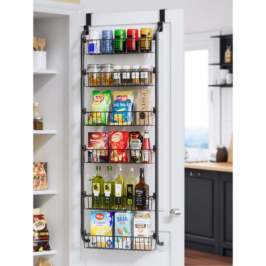 6 Tier Over the Door Pantry Organizer and Storage Rack with 6 Full Baskets, LAMU Metal Hanging & Wall Mounted Kitchen Storage Spice Rack-Black