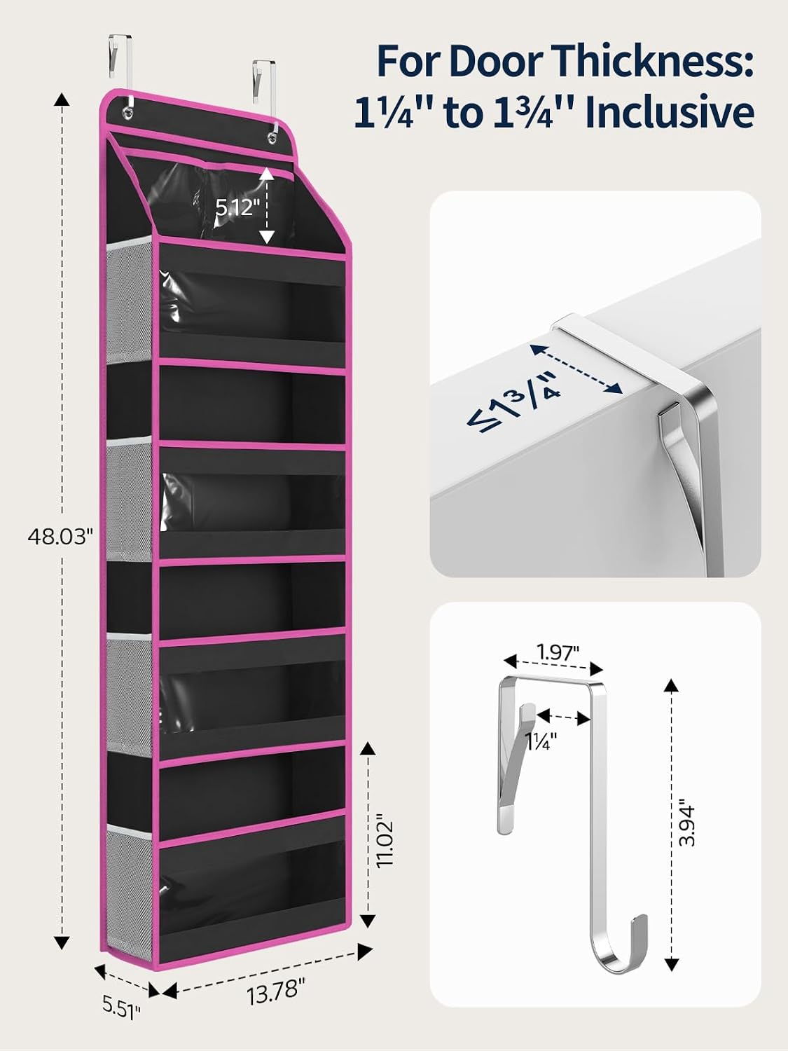 LazySpin 4-Tier Over the Door Organizer, Swing-Proof Behind the Door Storage, Black and Pink