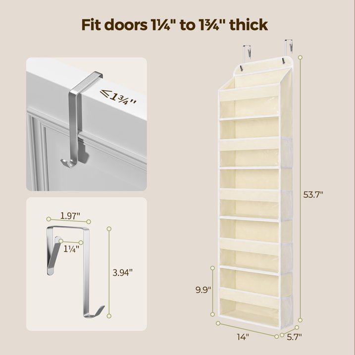 1 Pack 5 Tier Over The Door Organizer, Hanging Storage Organizer with Clear PVC Window, 40lb Large Capacity Room Organizer for Pantry Laundry Bathroom Nursery Closet Essential, Off-white