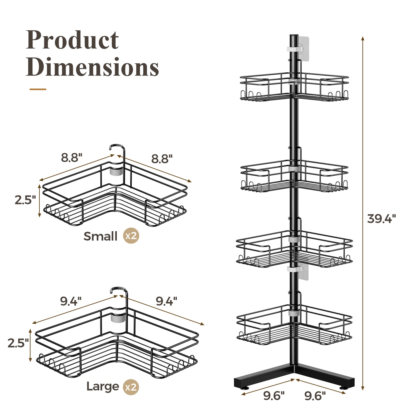 LazySpin 4-Tier Corner Shower Shelf, Freestanding Shower Caddy with Adjustable Baskets, Black