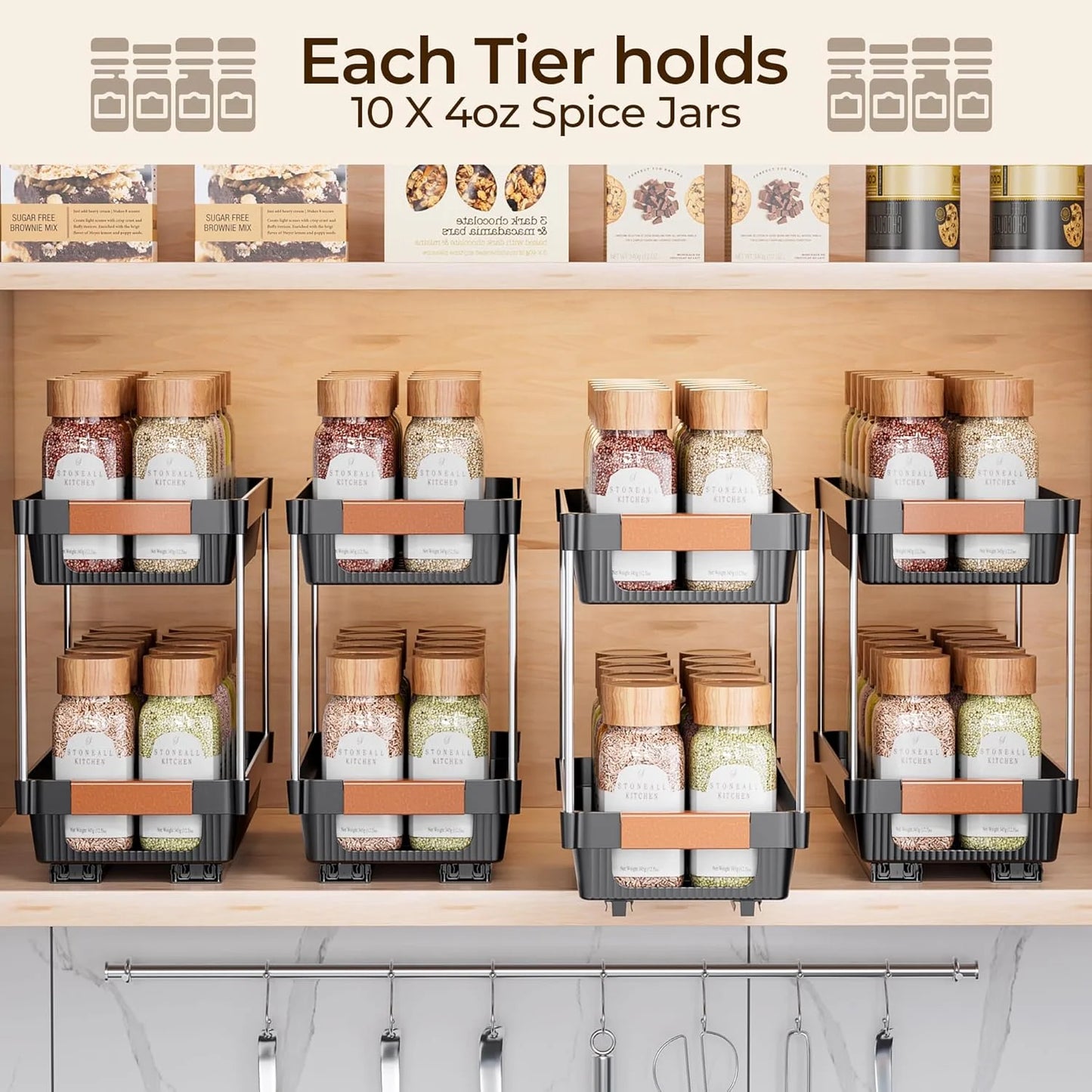 Delamu 2 Pack 2-tier Pull Out Spice Rack Organizer for Cabinet, Slide Out ABS Shelf, Multi Purpose Kitchen Cabinet Organizer, Black