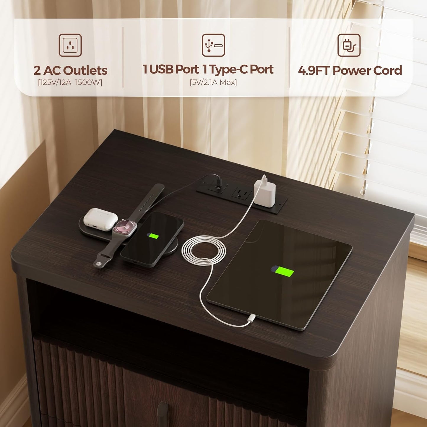 LazySpin 1 Pack Fluted Walnut Nightstand with Charging Station and 2-Drawers