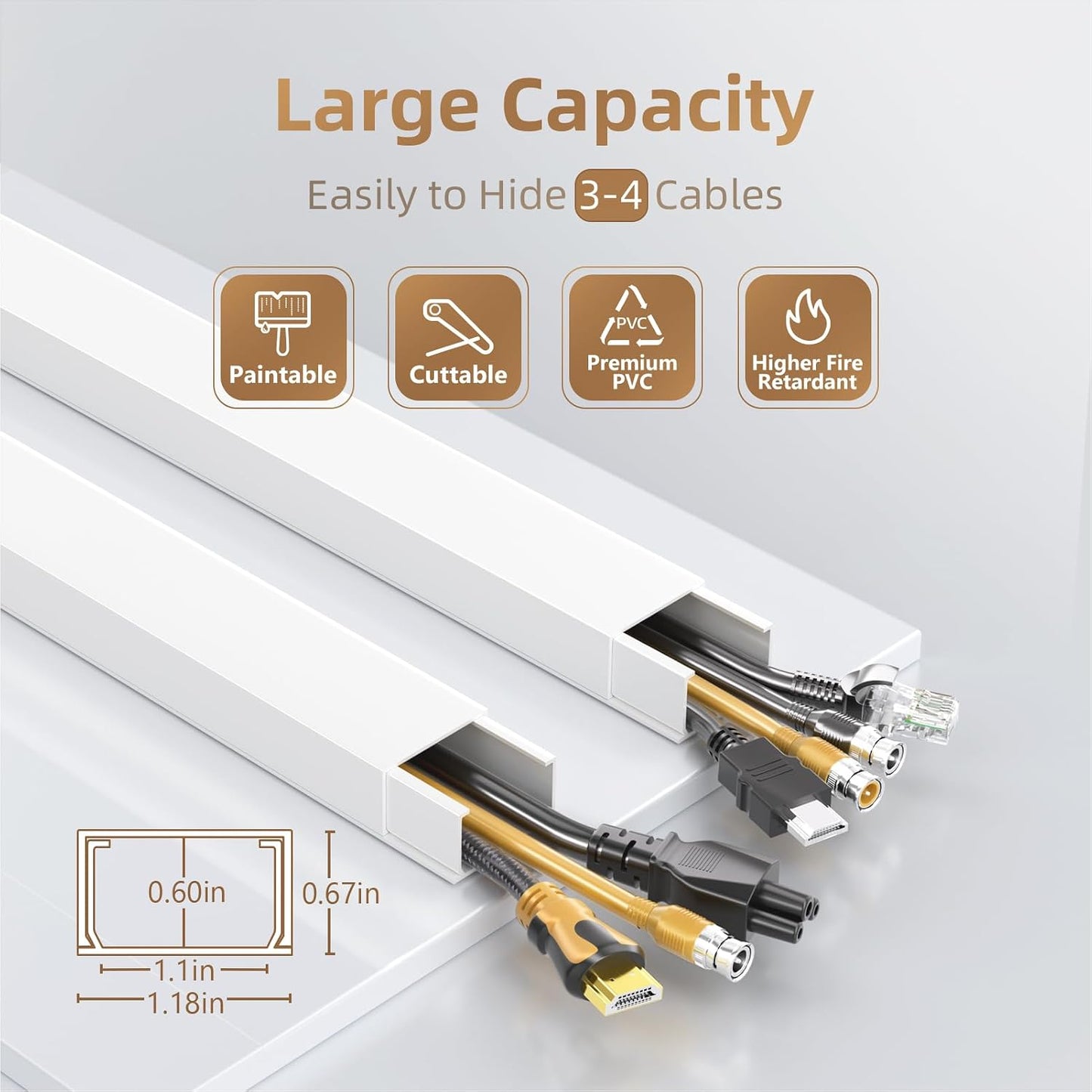 LazySpin TV Cord Hider for Wall, 142in Cable Cover for 3‑4 Wires, 1.18" W x 0.67" H, White