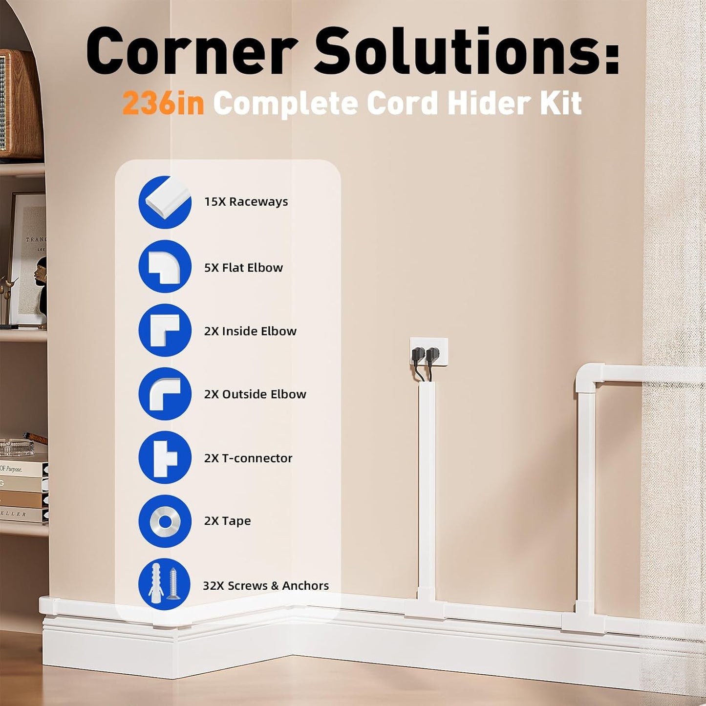 LazySpin 236in Cord Hider, Cord Covers for 2-3 Wires on Wall, White