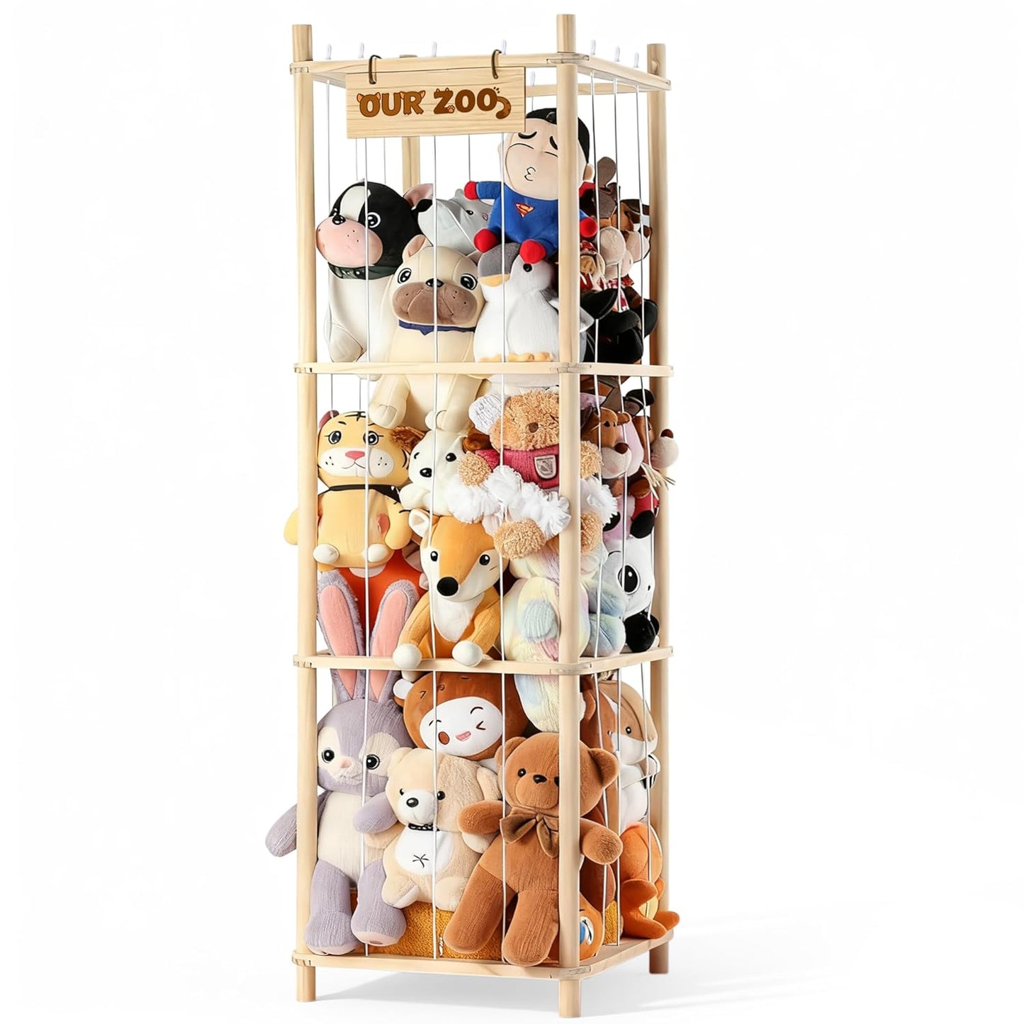 LazySpin Stuffed Animal Storage, Wooden Zoo Stuffed Animal Holder with Elastic Cords