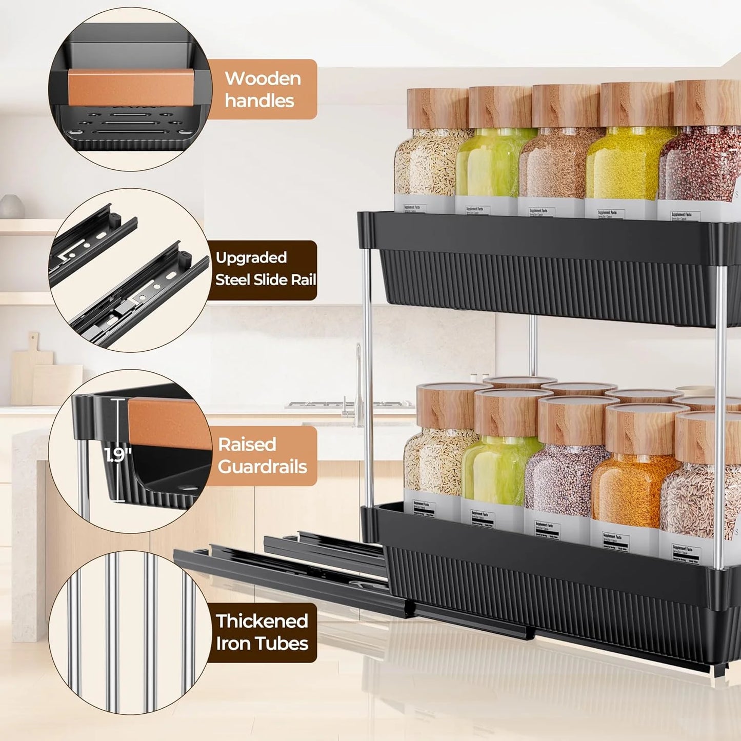 Delamu 2 Pack 2-tier Pull Out Spice Rack Organizer for Cabinet, Slide Out ABS Shelf, Multi Purpose Kitchen Cabinet Organizer, Black