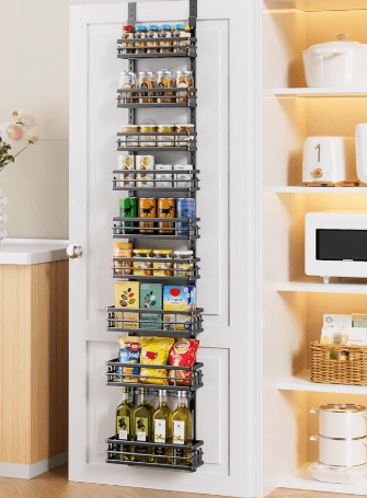 Delamu Kitchen Over the Doors Organizer, Adjustable 9-Tier Pantry Door Organizers and Storage, Hanging Spice Rack Shelves, Laundry Room Organization, 74in, Black