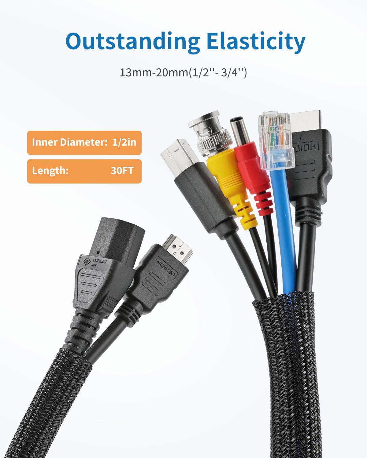 LazySpin 30ft - 1/2 inch Cord Protector Cable Sleeve Split Wire Loom Tubing for Power Cord
