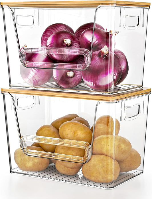 Potato Storage Bin, Delamu Onion Holder Stackable Kitchen Pantry Organizer with Bamboo Lid 2 Pack, Clear