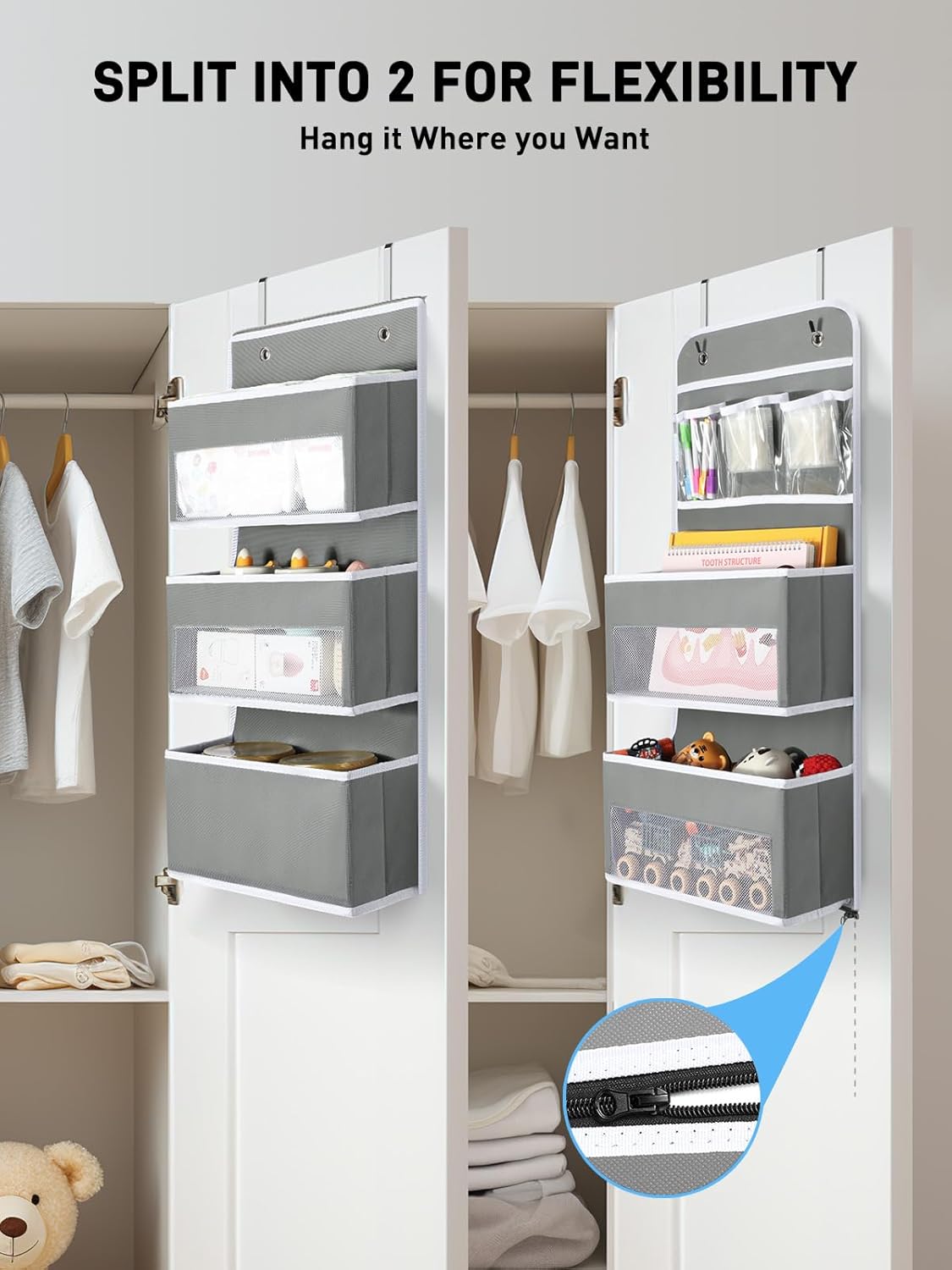 LazySpin 6-Tier Over the Door Storage Organizer, Flexible 1 Split into 2 Swing-proof Hanging Storage, Gray