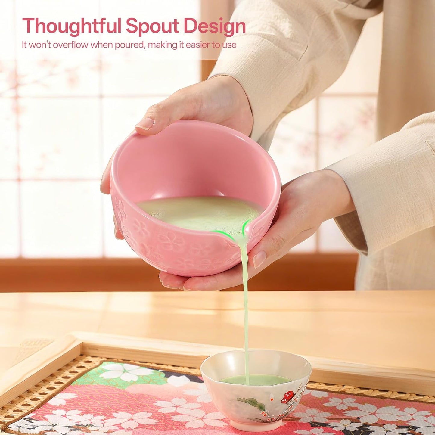 LazySpin 7 Pcs Ceramic Matcha Set, Bamboo Matcha Kit for Tea Lovers with Bowl, Pink