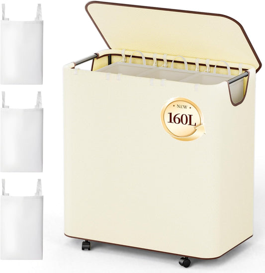 LazySpin 160L Laundry Basket with Wheels, Rolling Laundry hamper with Lid and 3 Removable Laundry Bag