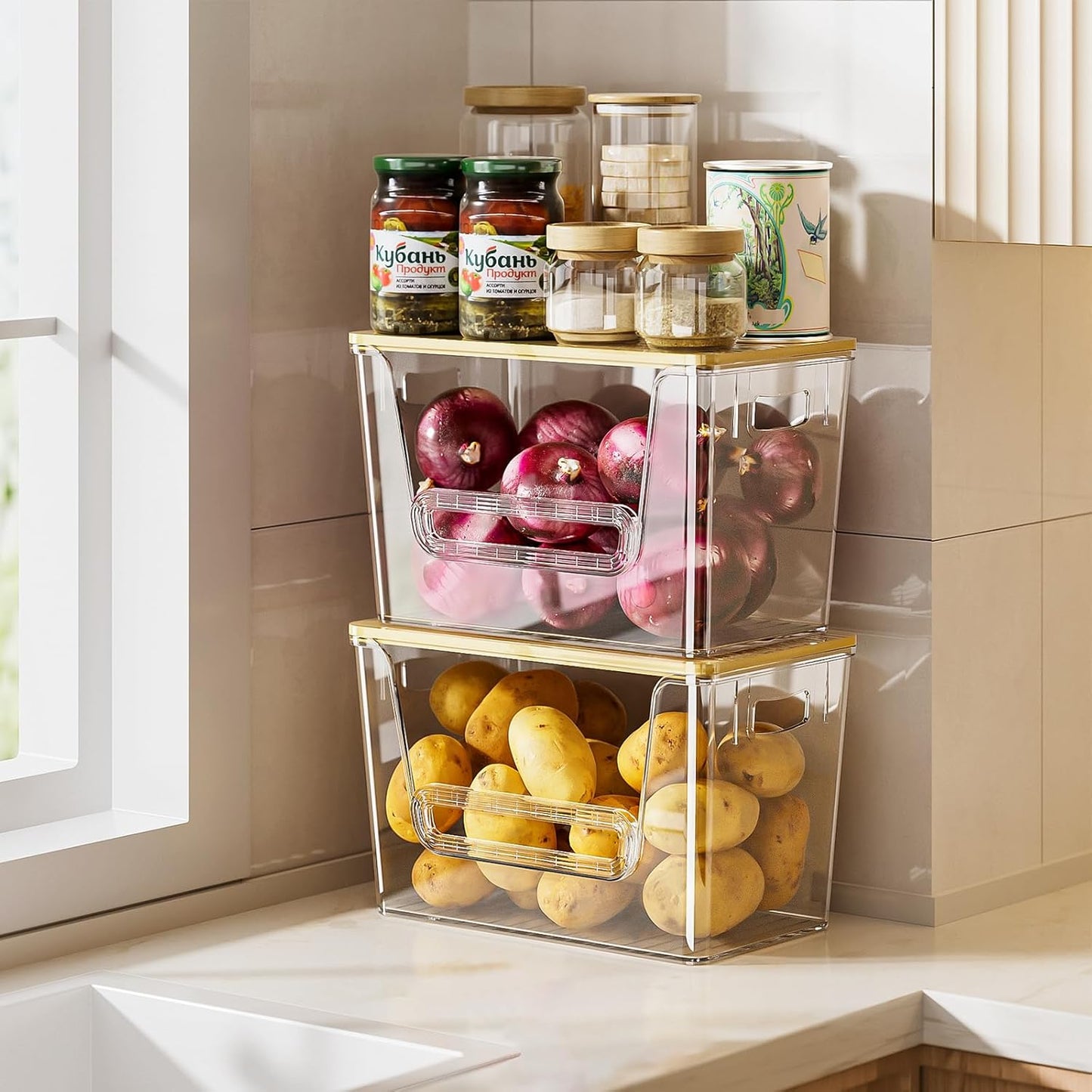 Delamu 2 Set Clear Pantry Organizers and Storage with Bamboo Top