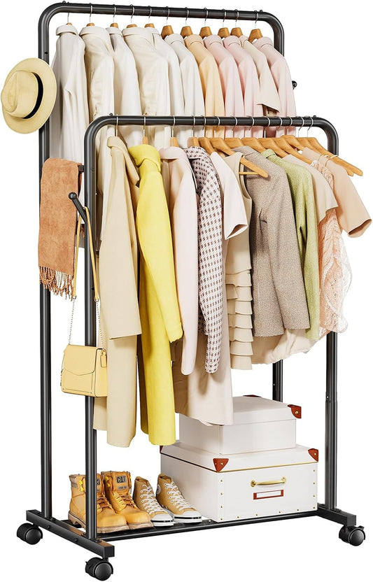 LazySpin Clothes Rack, Double Rods Clothing Rack for Hanging Clothes, Black