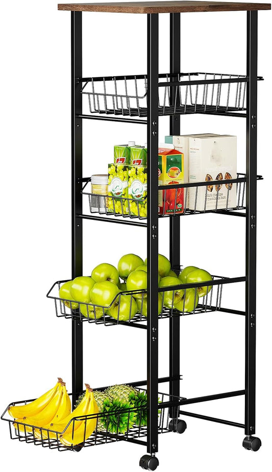 Delamu Fruit Vegetable Basket for Kitchen,5 Tier Kitchen Organizer and Storage Cart with Wheels
