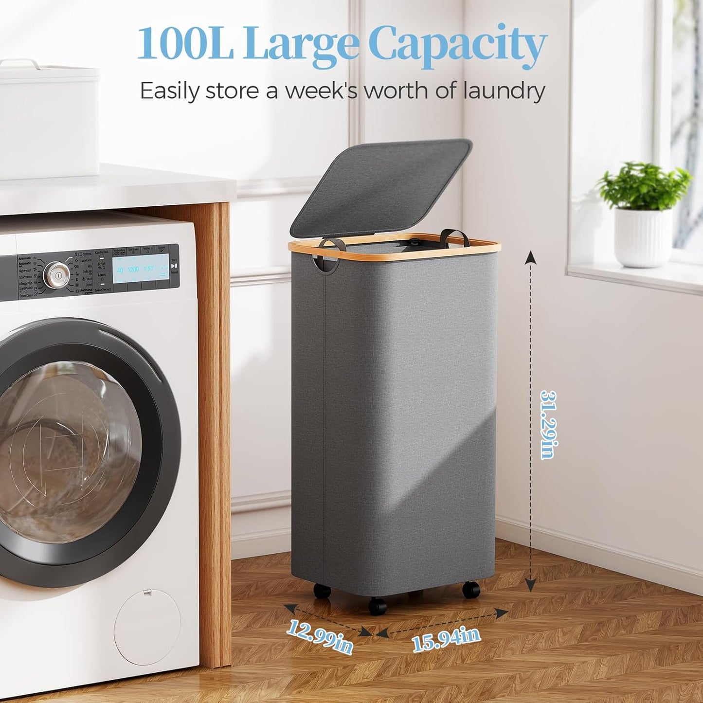 LazySpin 100L Large Capacity Laundry Hamper – Foldable Rolling Laundry Basket