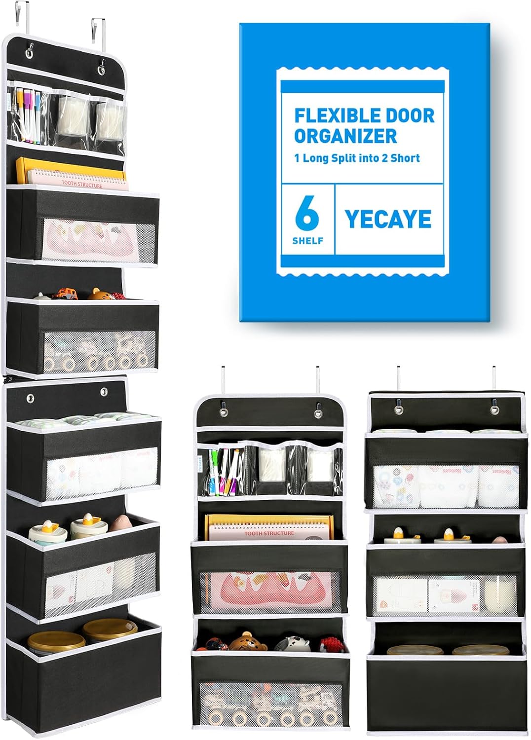 LazySpin 6-Tier Over the Door Storage Organizer, Flexible 1 Split into 2 Swing-proof Hanging Storage, Black