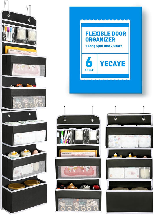 LazySpin 6-Tier Over the Door Storage Organizer, Flexible 1 Split into 2 Swing-proof Hanging Storage, Black