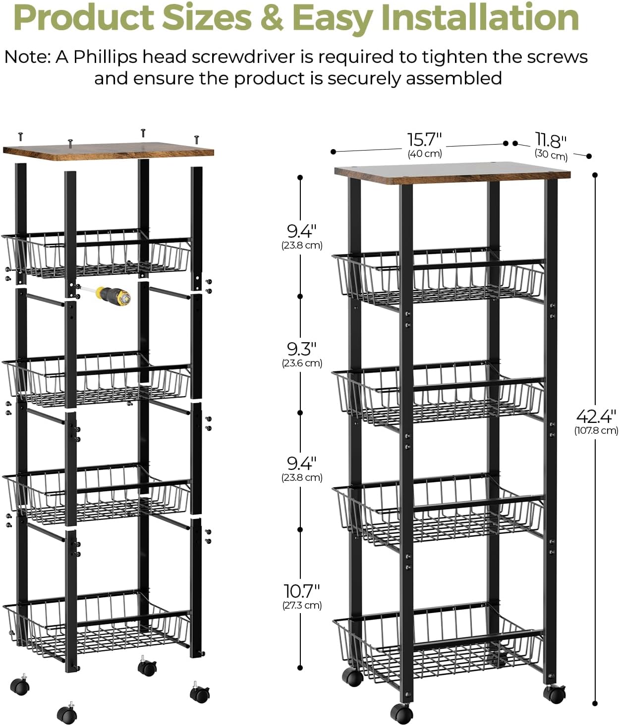 Delamu Fruit Vegetable Basket for Kitchen,5 Tier Kitchen Organizer and Storage Cart with Wheels